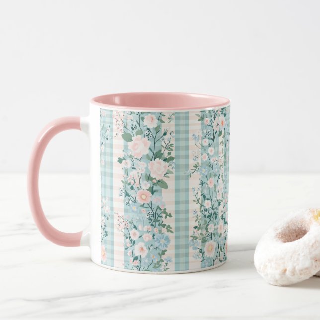 Mug Pastel rose bleu aquarelle florales Gingham  (Avec donut)