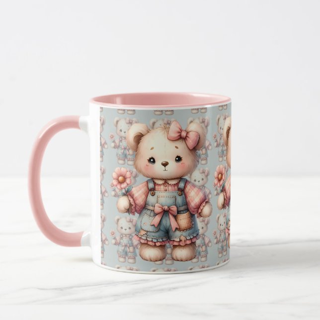 Mug Pastel Teddy Bear Holding Flower Wear Overalls (Gauche)