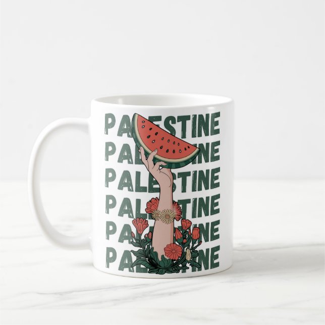 Mug pastèque, fleurs et palestine Texte Répéter (Gauche)