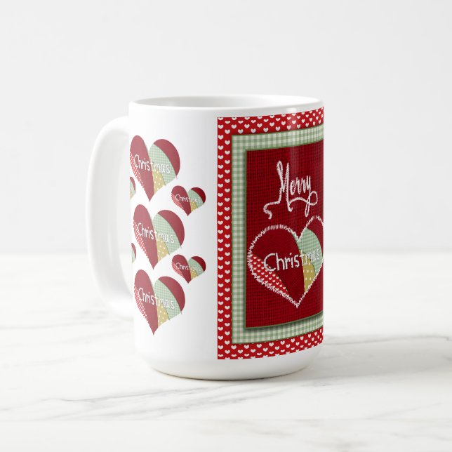 Mug Patchwork de Noël Coeur doré Rouge Burlap (Devant gauche)