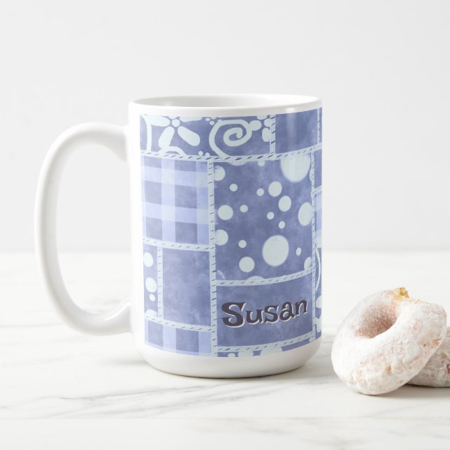 Mug Patchwork fou bleu à carreaux floral personnalisé  (Avec donut)