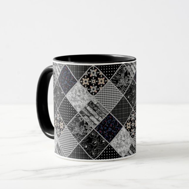 Mug Patchwork monochrome noir gris blanc patchwork qui (Devant gauche)
