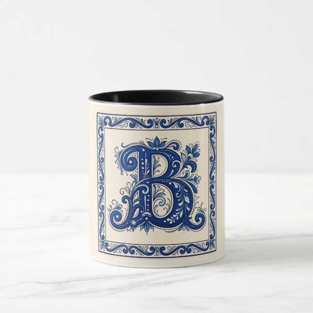 Mug Patrimoine norvégien Rosemaling Monogramme-Bleu (Centre)