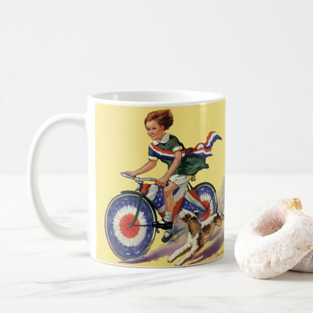 Mug Patriotisme vintage, Girl Riding a Patriotic Bike (Avec donut)