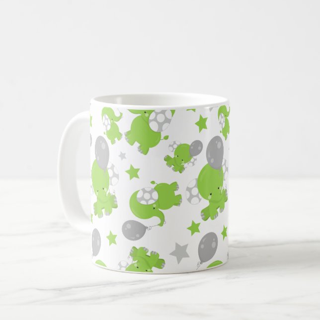Mug Pattern of Green Elephants, Cute Elephants, stars (Devant gauche)
