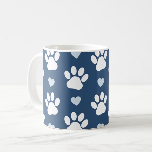 Mug Pattern of paws, Dog paws, White paws, Blue Hearts (Devant gauche)