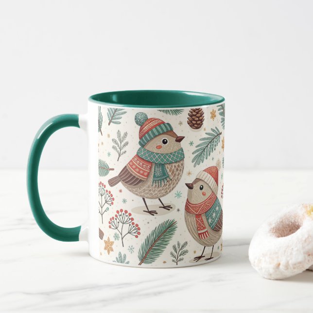 Mug Pattern Scandinavian Christmas Birds (Avec donut)