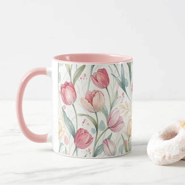Mug Pattern Watercolor Modern Tulips (Avec donut)