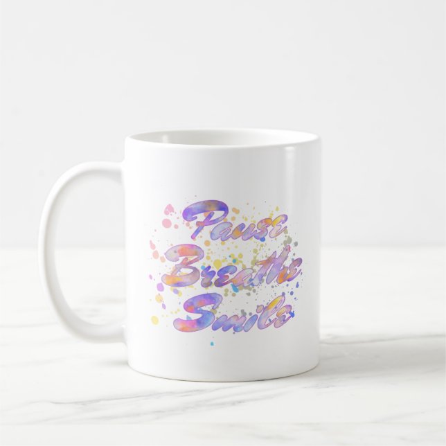 Mug Pause Respirer Sourire Aquarelle rose Mauve Jaune (Gauche)