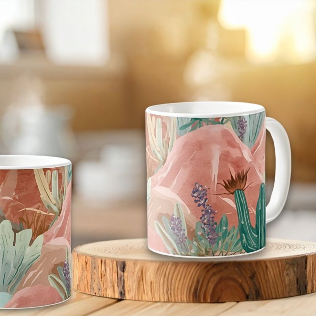 Mug Paysage aquarelle désert fleuri rose (Blush canyon mug with watercolor cacti and soft desert blooms in terracotta, sage, and lavender hues)