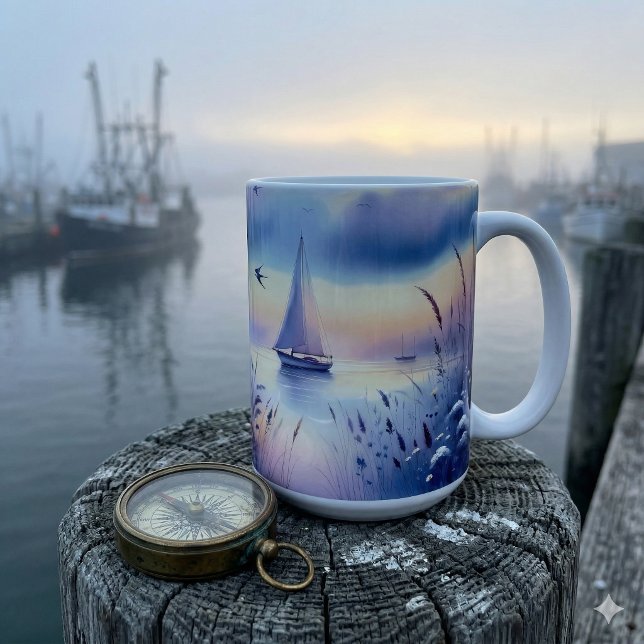 Mug Paysage côtier onirique avec voilier pastel (Pastel Sailboat Coastal Dreamscape Coffee Mug)