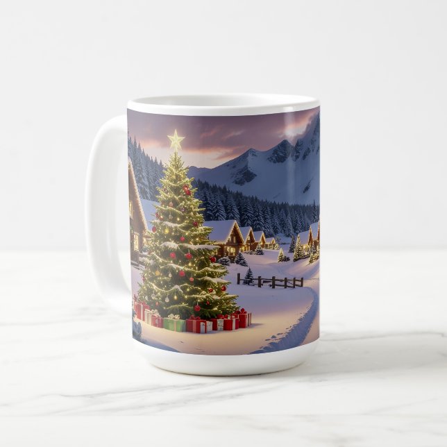 Mug Paysage de lumières de Noël avec neige (Devant gauche)