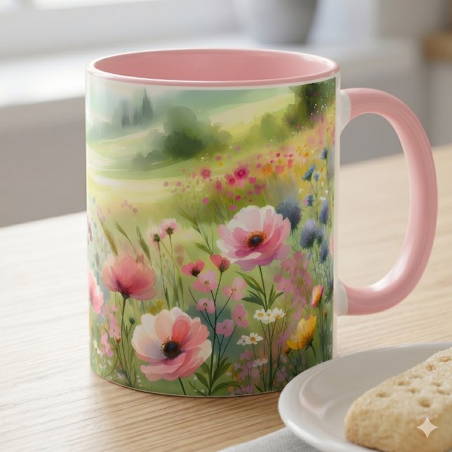 Mug Paysage de prairie de fleurs sauvages pastel (Pastel Wildflower Meadow Landscape Mug)