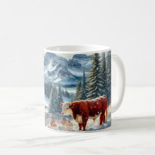Mug Paysage hivernal avec vaches paissant dans la neig