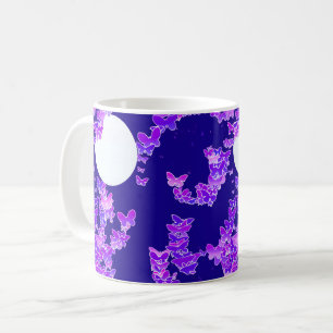 Mug Paysage lunaire avec papillons - lilas, bleu foncé