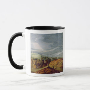 Mug Paysage rural avec un pèlerin se mettant à genou