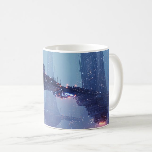 Mug Paysage urbain futuriste avec des structures flott (Devant droit)