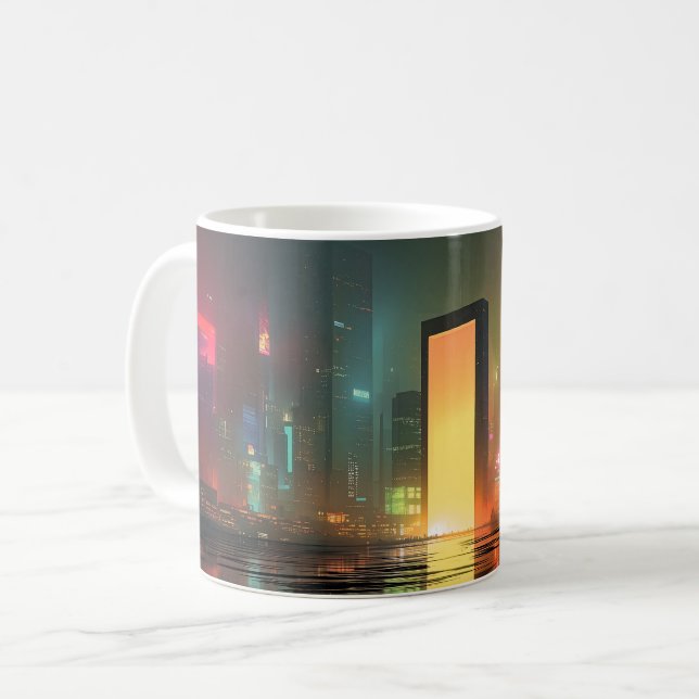 Mug Paysage urbain futuriste avec reflets néon (Devant gauche)