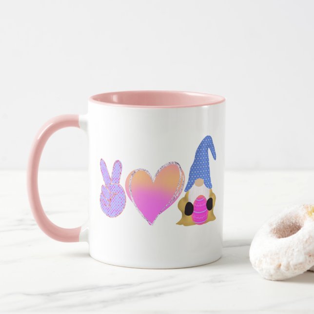 Mug Peace Love Gnome | Belle Sublimation Pastel de Pâq (Avec donut)