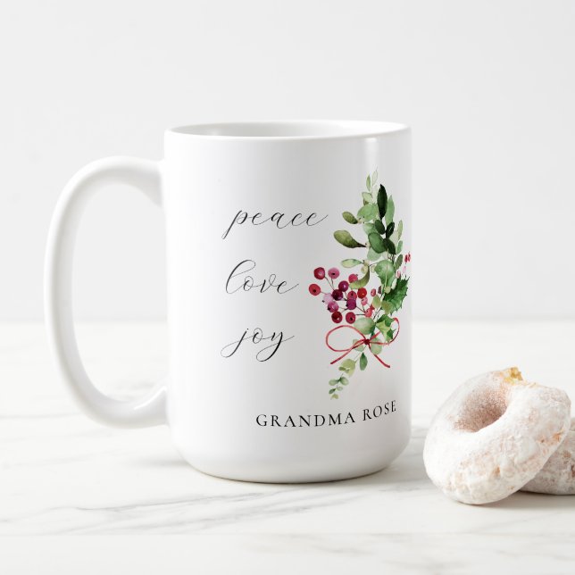 Mug Peace Love Joy Holly Berry Holiday (Avec donut)
