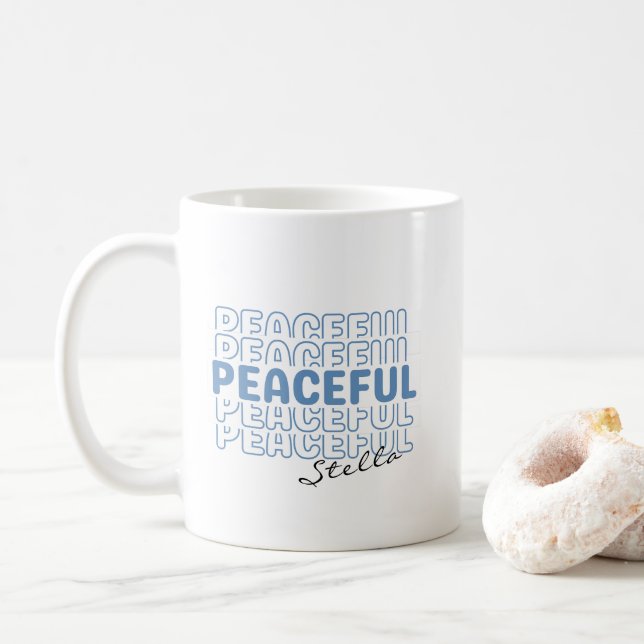 Mug Peaceful Blue Wavy Retro Custom Name Text Coffee M (Avec donut)