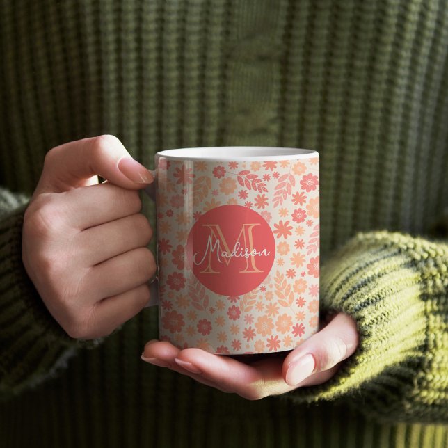 Mug Peach Airy Fleur sauvage Meadow Motif & Monogram (Peach Fuzz Wildflower Pattern Mug)