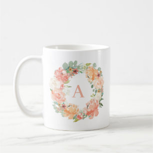 Mug Peach Peonas et Eucalyptus Wreath Monogramme