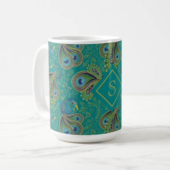 Mug Peacock Paisley Royal Teal Monogram (Devant gauche)