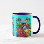 Mug PEACOCKS IN LOVE MONOGRAM rouge bleu turquase vert<br><div class="desc">Elégante peinture à l'aquarelle fantaisie avec feuille d'or et d'argent.</div>