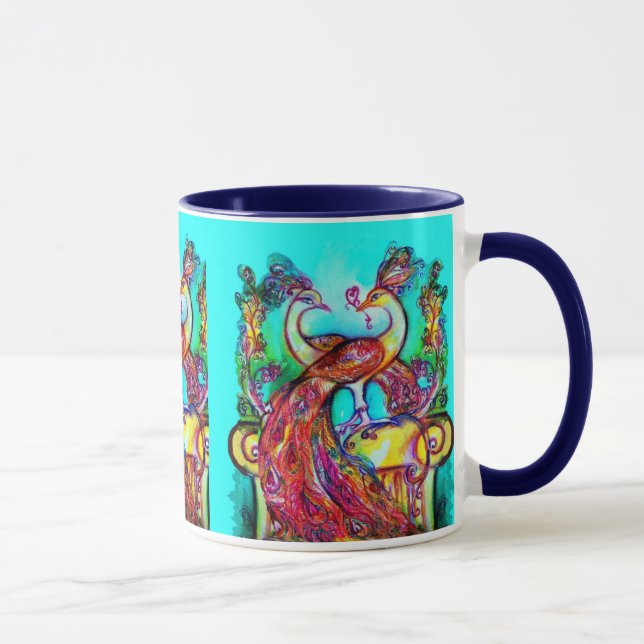Mug PEACOCKS IN LOVE MONOGRAM rouge bleu turquase vert (Droite)