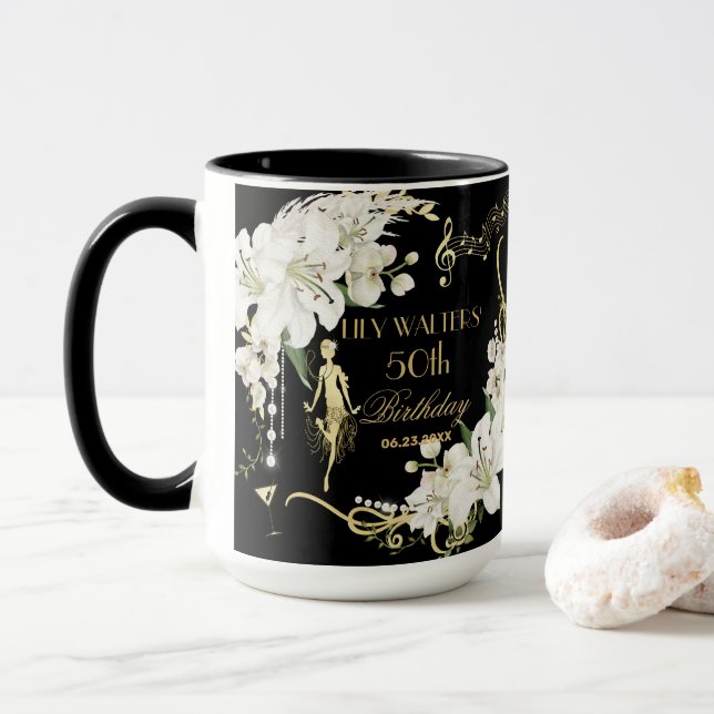 Mug Pearls White Floral Art Déco Gatsby 20s Anniversai (Avec donut)