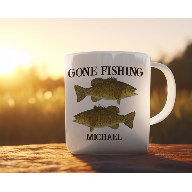 Mug Pêche à la pêche Pêche Pêcheur à l'extérieur Nom p (Gone fishing smallmouth bass personalized coffee mug for anglers.)