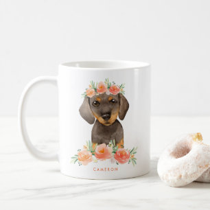 Mug Pêche mignonne de teckel d'aquarelle florale