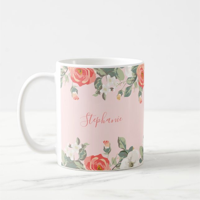 Mug Pêche Rose Blush rose Floral Personnalisé (Gauche)