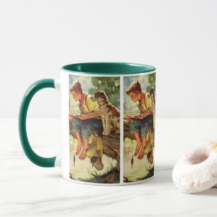 Mug Pêche vintage, Garçon avec son chiot et vers