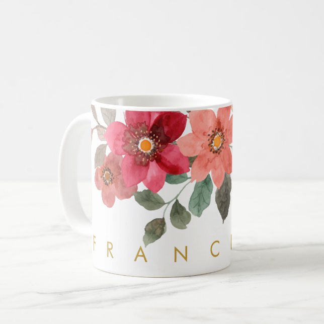 Mug Pêcher Rouge Floral Aquarelle Ajouter Votre Nom (Devant gauche)