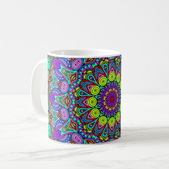 Mug Peinture à la main Mandala Horloge Face 4 (Devant gauche)