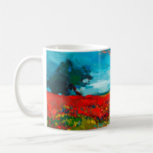 Mug peinture à l'huile de champs de fleurs sur toile.