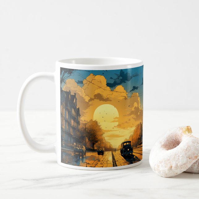 Mug Peinture À L'Huile De La Ville Et Du Soleil (Avec donut)