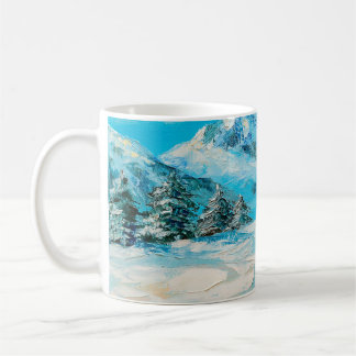 Mug peinture à l'huile, paysage de montagne d'hiver a