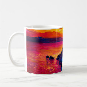 Mug peinture à l'huile sur toile. Coucher de soleil s