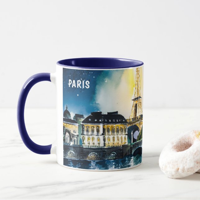 Mug Peinture aquarelle de Paris Vues de nuit #2 (Avec donut)