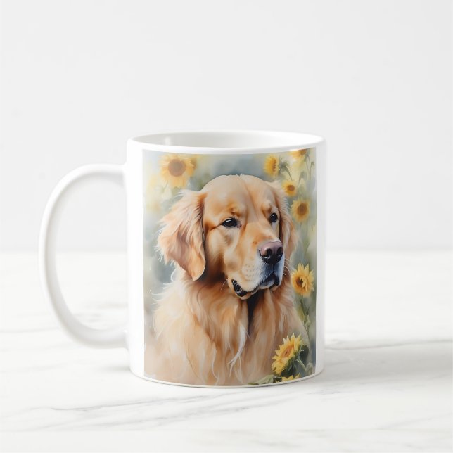 Mug Peinture aquarelle Golden Retriever et tournesol (Gauche)