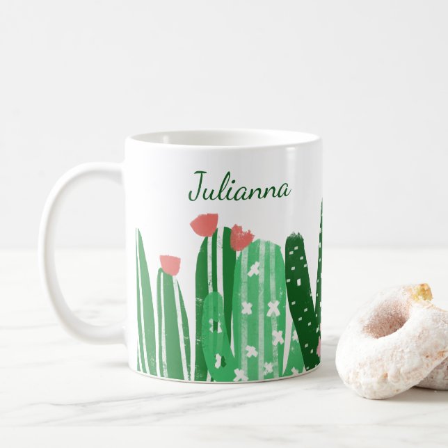 Mug Peinture Boho Cactus en vert personnalisée (Avec donut)