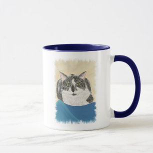 Mug Peinture de chat smoking sur couverture bleue, tas