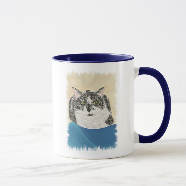 Mug Peinture de chat smoking sur couverture bleue, tas (Droite)