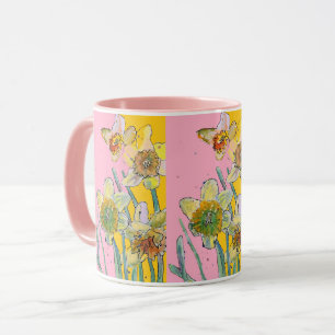 Mug Peinture de jonquille aquarelle jaune rose floral