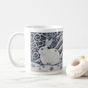 Mug Peinture de lapin bleu et blanc hiver Neige boisée