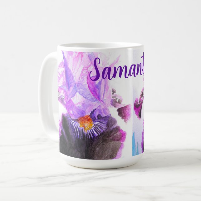 Mug Peinture florale de fleur d'Iris pourpre à l'aquar (Devant gauche)
