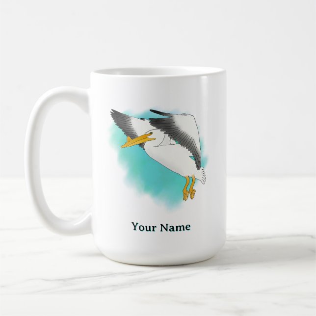 Mug Pélican personnalisé avec fond bleu (Gauche)